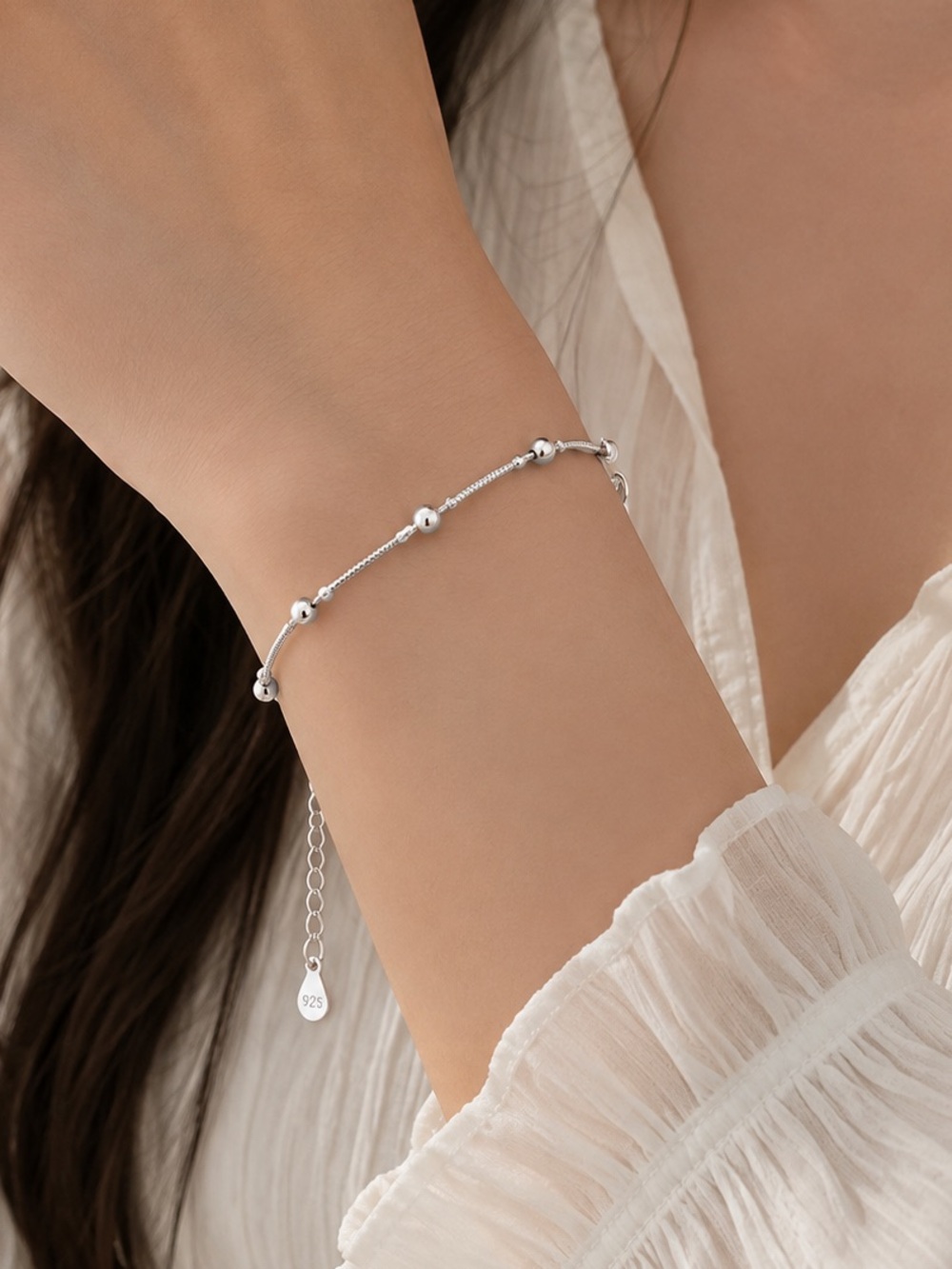 #180 925 Sterling Silver Pendant, Minimalist Matte Bead Chain Bracelet